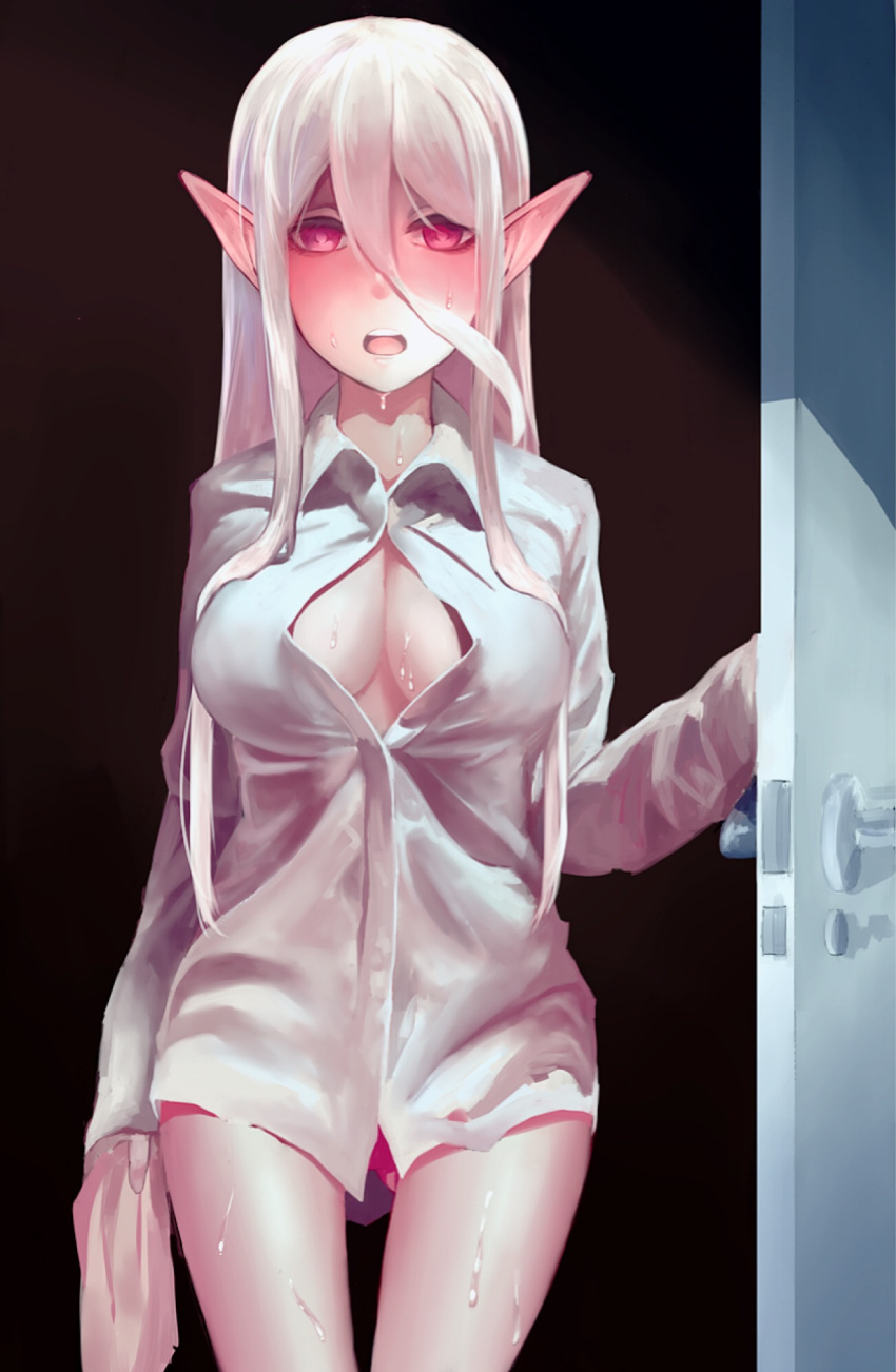 1girl ass_visible_through_thighs bemani blush breasts collared_shirt door doorway dress_shirt hair_between_eyes highres holding kareha_(kareha_kr) long_hair medium_breasts nose_blush open_clothes open_door open_mouth open_shirt ortlinde=nblg=valkyria pointy_ears red_eyes shirt sleeves_past_wrists solo sound_voltex standing very_long_hair wet white_hair wing_collar