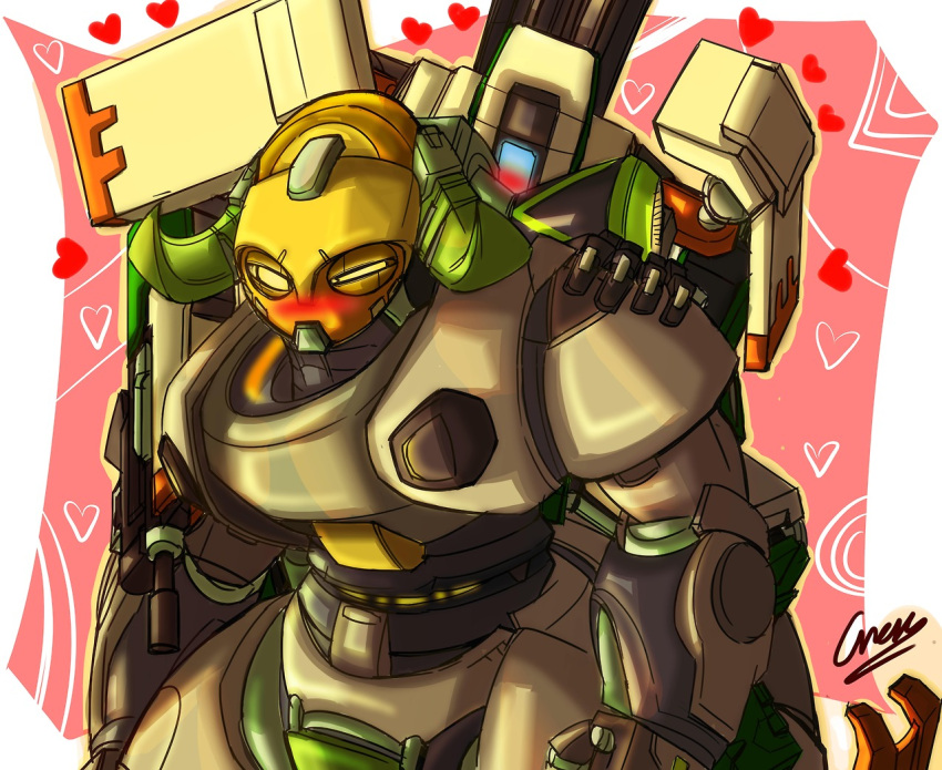 1boy 1girl arm_cannon assault_rifle bastion_(overwatch) blush cresc3 gun heart humping no_humans omnic orisa_(overwatch) overwatch rifle robot weapon