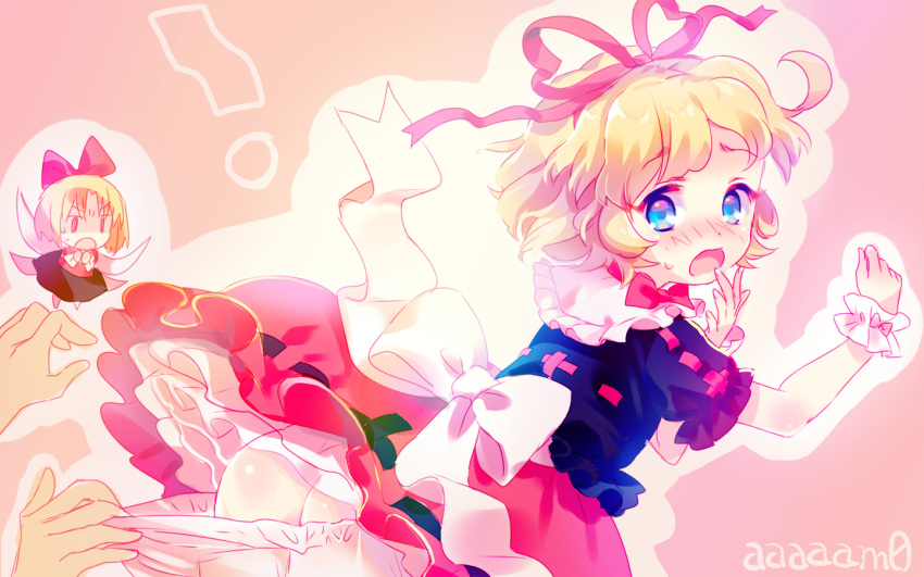 ! 1girl amo ass blonde_hair bloomers bloomers_pull blue_eyes blush hair_ribbon hand_to_own_mouth hands medicine_melancholy open_mouth ribbon short_hair su-san touhou underwear wrist_cuffs