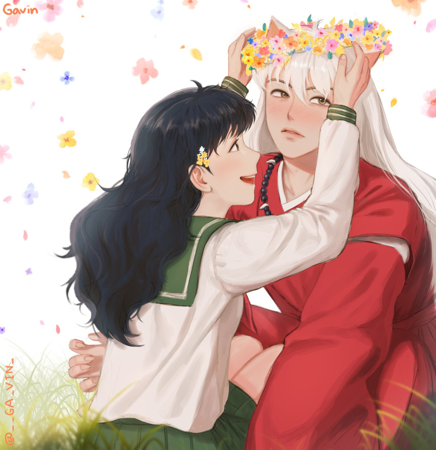 1boy 1girl animal_ears artist_name bangs black_hair blurry blush brown_eyes depth_of_field dog_ears fingernails floral_background flower gavin_(jypic) grass hair_flower hair_ornament head_wreath hetero highres higurashi_kagome inuyasha inuyasha_(character) japanese_clothes korean_commentary long_hair long_sleeves looking_at_another looking_away open_mouth parted_lips school_uniform sharp_fingernails skirt teeth upper_teeth white_background white_hair yellow_eyes
