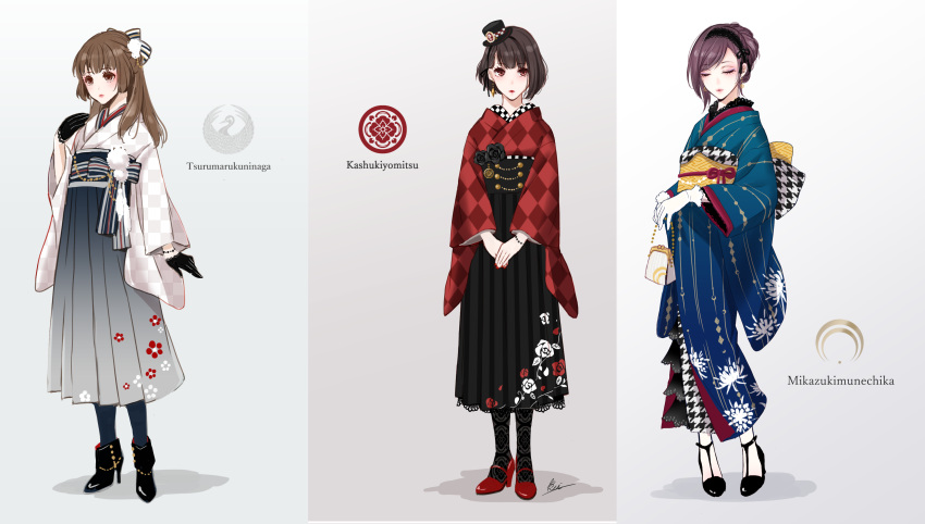 3girls absurdres bag black_gloves black_rose blue_legwear bow brown_eyes brown_hair character_name closed_eyes cosplay earrings flower gloves hair_bow hakama handbag hat high_heels highres japanese_clothes jewelry kashuu_kiyomitsu kashuu_kiyomitsu_(cosplay) kimono meiji_schoolgirl_uniform mikazuki_munechika mikazuki_munechika_(cosplay) mini_hat mini_top_hat multiple_girls nail_polish original pantyhose print_legwear purple_hair red_eyes red_nails rei_(usabiba) rose sayagata top_hat touken_ranbu tsurumaru_kuninaga tsurumaru_kuninaga_(cosplay) white_gloves white_legwear