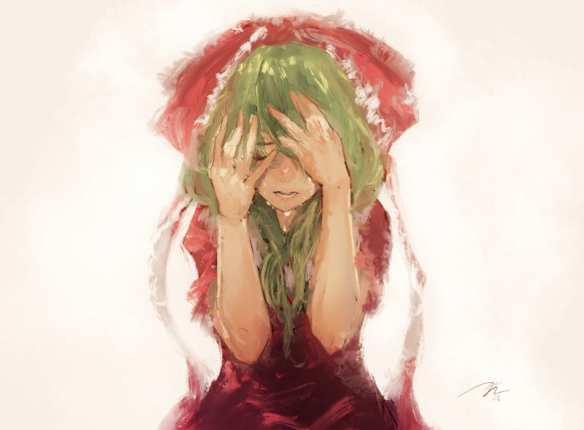 1girl bow closed_eyes crying dress green_hair hair_bow hands_in_hair hands_on_own_face highres kagiyama_hina kouzuki_kei parted_lips red_bow red_dress signature simple_background solo tears touhou white_background