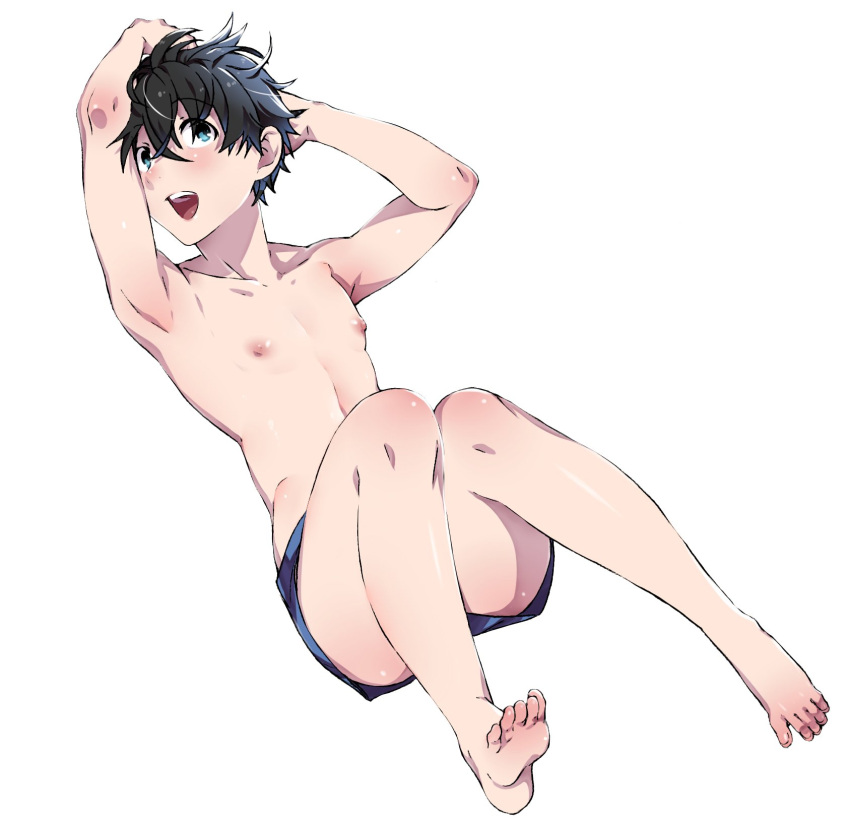 1boy arizuka_(catacombe) arms_up black_hair blue_eyes blush boxers child hair_between_eyes highres looking_at_viewer lying male_focus nipples on_back original red_mask_(arizuka) simple_background smile solo underwear white_background younger