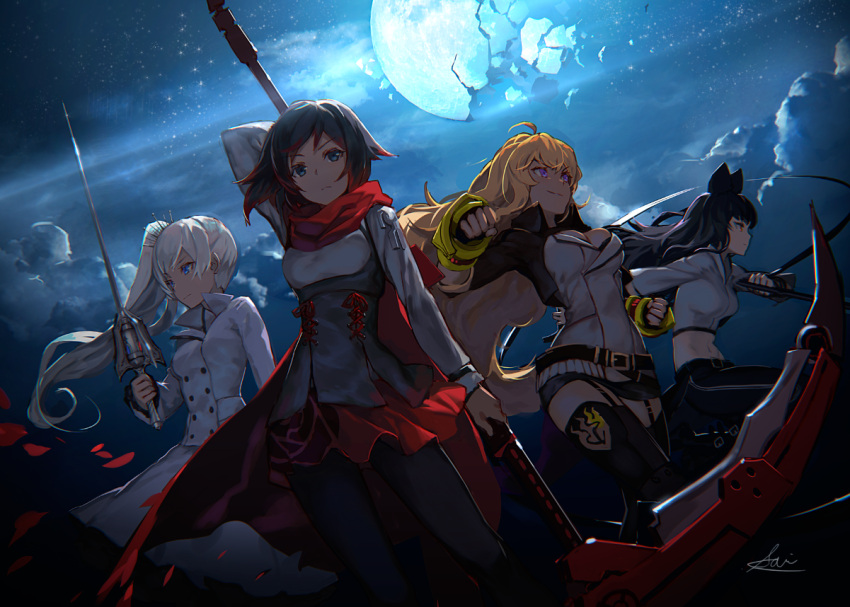 4girls ahoge animal_ears arm_behind_head arm_up belt black_boots black_hair black_legwear blake_belladonna blonde_hair blue_eyes boots breasts brown_hair cat_ears cleavage clouds coat dutch_angle expressionless garter_straps holding holding_sword holding_weapon izumi_sai long_hair long_sleeves midriff multiple_girls night night_sky pants pantyhose petals profile rapier red_scarf red_skirt ruby_rose rwby scarf scythe shirt side_ponytail signature skirt sky sword very_long_hair violet_eyes weapon weiss_schnee white_hair wind yang_xiao_long