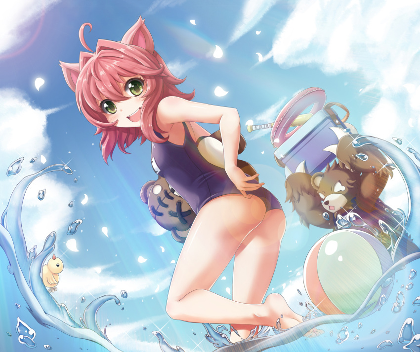 1girl :d adjusting_clothes adjusting_swimsuit ahoge animal_ears annie_hastur arms_up ass ball barefoot baseball_bat beachball bear breasts cat_ears cooler dutch_angle glowing highres holding innertube league_of_legends lens_flare one-piece_swimsuit open_mouth outdoors petals redhead school_swimsuit sky small_breasts smile sora_(dkssud6580) sparkle standing stuffed_animal stuffed_toy sun sunlight swimsuit teddy_bear tibbers water