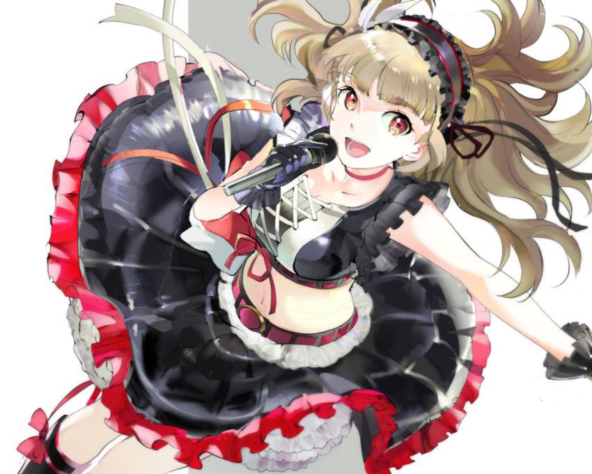 119 1girl bare_shoulders belt black_gloves blush brown_hair choker commentary_request crop_top eyebrows eyebrows_visible_through_hair frilled_skirt frills from_above gloves hairband idolmaster idolmaster_cinderella_girls kamiya_nao lolita_fashion lolita_hairband long_hair looking_at_viewer looking_up microphone navel open_mouth red_eyes ribbon skirt smile solo