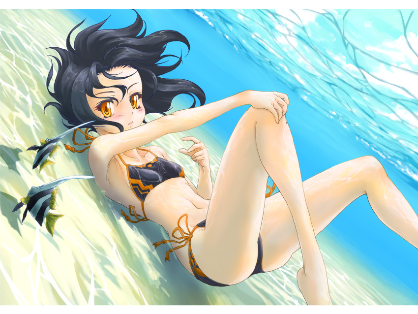 air_bubble barefoot bikini black_hair blush breasts breath fish freediving highres holding_breath naka_(nicovideo14185763) ocean ocean_bottom original sand short_hair small_breasts swimsuit underwater water