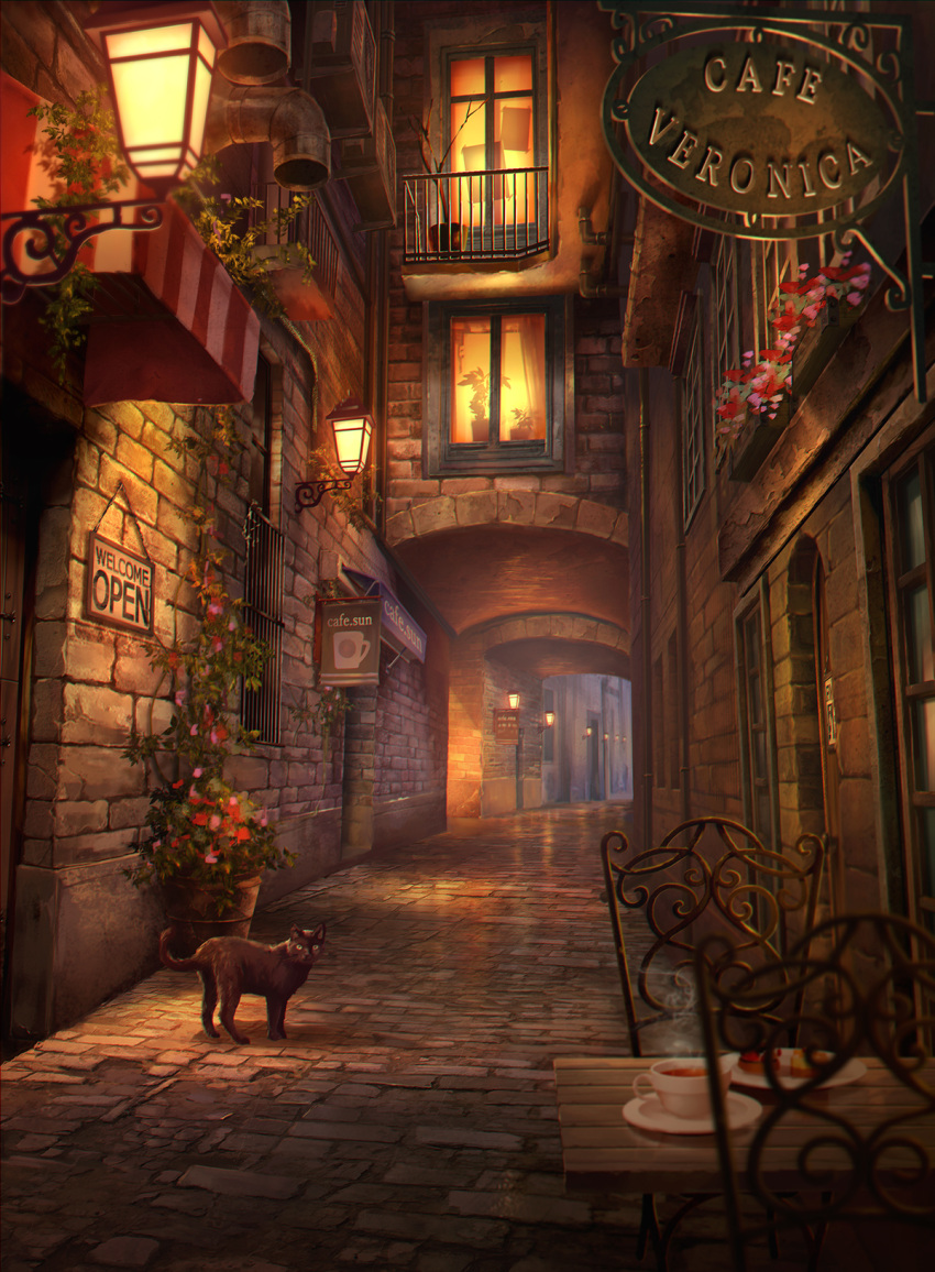 awning black_cat cat chair cup door english food highres lantern looking_at_viewer night no_humans original outdoors path pipe plant plate potted_plant road saucer scenery sho_(shoichi-kokubun) sign steam table teacup vines window yellow_sclera