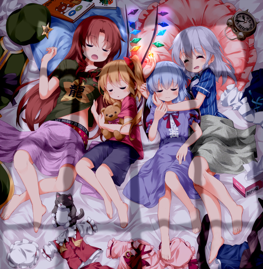 4girls :d :o ^_^ ^o^ adapted_costume alarm_clock alternate_costume assisted_exposure asymmetrical_hair bare_legs barefoot bed_sheet beret black_shorts blanket blonde_hair blue_hair blush book bow braid brooch cat clock closed_eyes closed_mouth clothes_on_floor clothes_writing contemporary crystal demon_wings dress flandre_scarlet from_above full_body gem glowing green_bow green_hat green_shirt hair_bow hat hat_removed headwear_removed highres holding hong_meiling izayoi_sakuya jewelry lifted_by_another mob_cap multiple_girls no_legwear open_mouth panties parted_lips pillow purple_dress rainbow_order red_bow red_panties red_ribbon red_shirt red_vest redhead remilia_scarlet ribbon ruby_(stone) ruu_(tksymkw) shirt shirt_lift shirt_removed short_sleeves shorts side_ponytail sleeping smile star striped striped_bow striped_shirt sunlight sweatdrop t-shirt tissue tissue_box touhou twin_braids underwear vertical-striped_shirt vertical_stripes vest_removed white_hat white_shirt wings