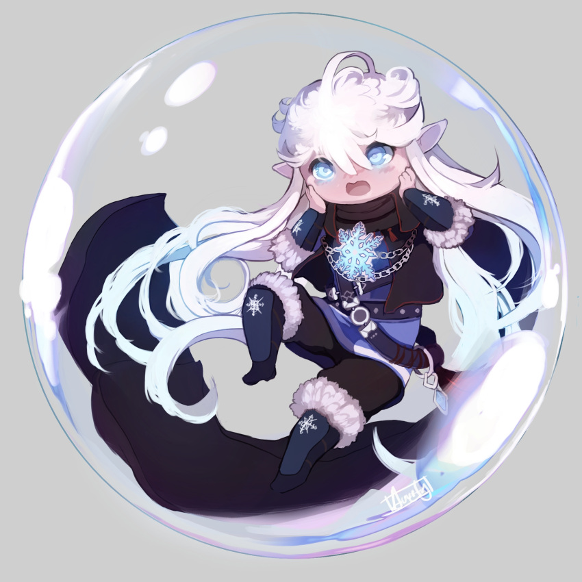 blush bubble cape chibi dungeon_and_fighter fur_trim glacial_master highres male_mage_(dungeon_and_fighter) orig14 pointy_ears snowflakes tagme white_hair