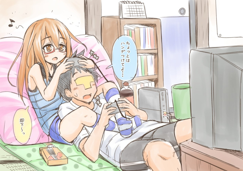 1boy 1girl admiral_(kantai_collection) black_hair blush book bookshelf brown_eyes brown_hair calendar_(object) commentary commentary_request controller fujishima_shinnosuke game_console game_controller gamepad glasses indoors kantai_collection kneehighs long_hair lying lying_on_person mochizuki_(kantai_collection) musical_note on_back open_mouth pillow playing_games pocky red-framed_eyewear shorts sleeveless striped striped_legwear tank_top tatami television translated