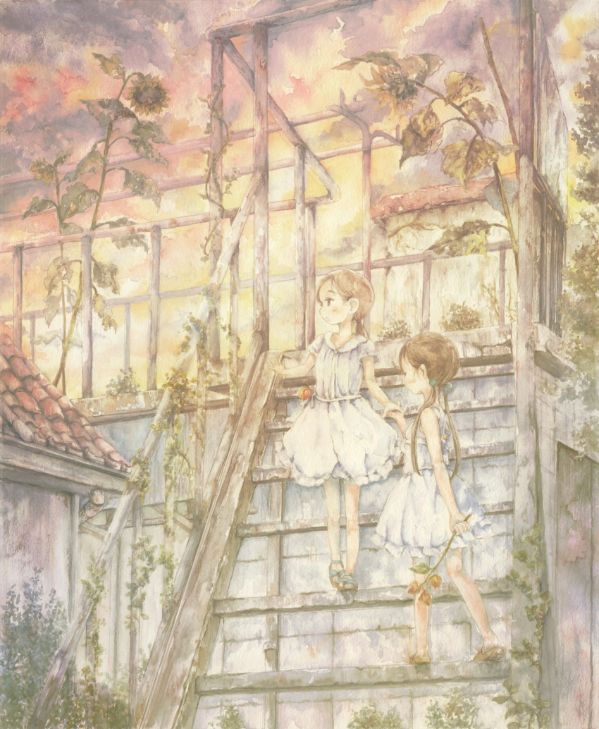 2girls ashida_(5232334) blush brown_eyes brown_hair child clouds dress flower garden hair_bobbles hair_ornament highres holding holding_hands looking_to_the_side low_ponytail multiple_girls muted_color original plant railing sandals scenery sky stairs sunflower sunset traditional_media twintails vines watercolor_(medium) white_dress