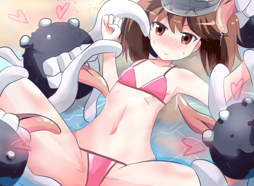 &gt;:&gt; 1girl alternate_costume artist_request bikini blush commentary enemy_naval_mine_(kantai_collection) hat kantai_collection licking navel ryuujou_(kantai_collection) saliva sand spread_legs sweatdrop swimsuit tentacles twintails visor_cap water