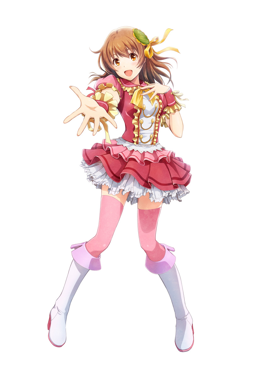 1girl absurdres artist_request blush boots brown_eyes brown_hair character_request frilled_skirt frills full_body hair_ornament hand_on_own_chest highres idol idol_death_game_tv knee_boots looking_at_viewer miniskirt open_mouth pink_legwear short_sleeves simple_background skirt smile solo source_request standing thigh-highs white_background wrist_cuffs zettai_ryouiki