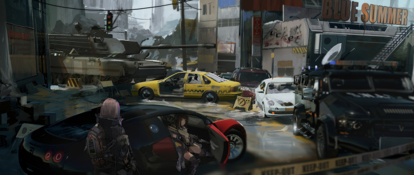 2girls ar-15 assault_rifle backpack bag black_hair blurry browning_m2 building car city depth_of_field girls_frontline graffiti ground_vehicle gun highres m1_abrams m4_carbine m4a1_(girls_frontline) military military_vehicle motor_vehicle multiple_girls novelance pink_hair power_lines rifle road rubble scenery scope sign sitting sketch st_ar-15_(girls_frontline) street tank taxi telephone_pole thigh-highs traffic_light war weapon