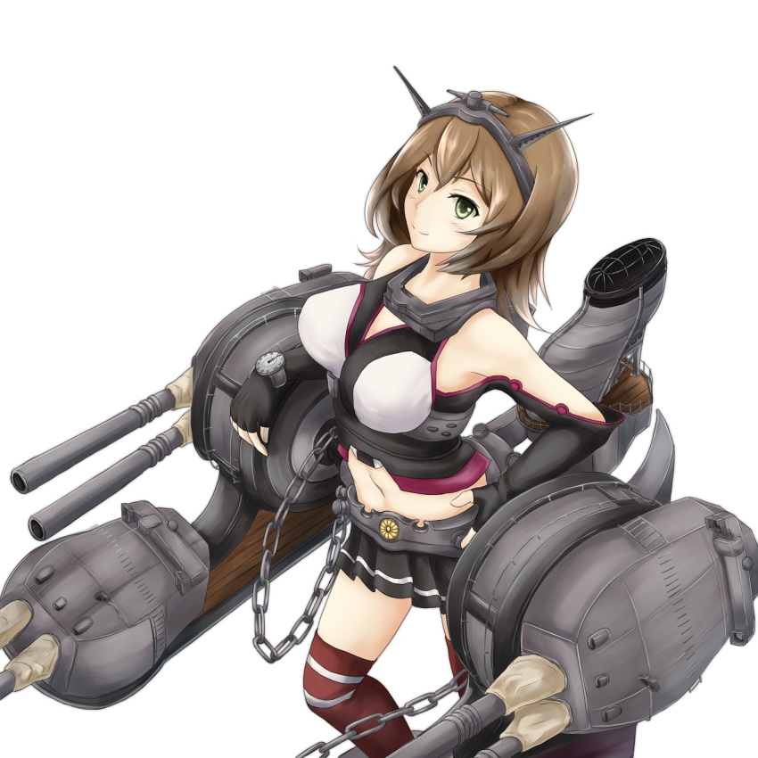 1girl aira_(qwedcxza49) alternate_hair_length alternate_hairstyle bare_shoulders breasts bridal_gauntlets brown_hair chain gloves green_eyes hairband headband headgear highres kantai_collection large_breasts long machinery midriff miniskirt mutsu_(kantai_collection) radio_antenna red_legwear skirt smokestack solo turret