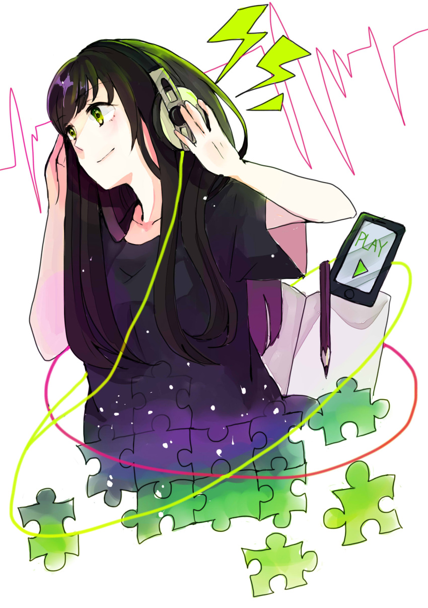 1girl absurdres black_hair cable green_eyes headphones highres jigsaw_puzzle light_smile listening_to_music long_hair original puzzle puzzle_piece solo tsucchiy