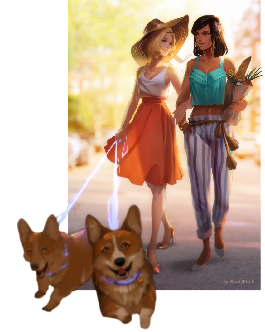 2girls bag black_hair blonde_hair bread breasts casual cleavage dog dog_walking eye_contact facial_tattoo food hat highres jewelry lead locked_arms looking_at_another mercy_(overwatch) midriff multiple_girls navel necklace overwatch pharah_(overwatch) rokiwitch shopping_bag smile sun_hat tattoo welsh_corgi yuri