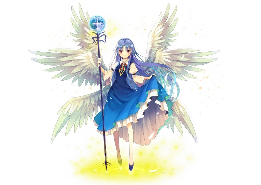 1girl angel angel_wings bangs blue_dress blue_hair blue_shoes blush breasts brooch cross dress eyebrows eyebrows_visible_through_hair feathered_wings feathers full_body highres jewelry jiji_(381134808) legs_apart light_particles long_hair looking_at_viewer multiple_wings neck_ribbon red_eyes red_ribbon ribbon sariel seraph shoes simple_background skirt_hold small_breasts smile solo sphere staff standing touhou touhou_(pc-98) very_long_hair white_background white_wings wide_sleeves wings