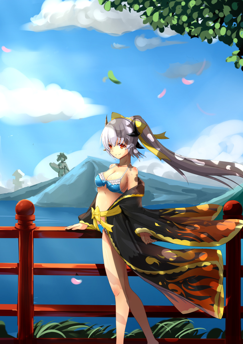 1girl absurdres bare_legs bare_shoulders bikini blue_bikini bow breasts cleavage clouds cloudy_sky collarbone fate/grand_order fate/stay_night fate_(series) frilled_bikini frills front-tie_bikini front-tie_top hair_bow hair_over_eyes hand_on_railing highres horns japanese_clothes kimono kiyohime_(fate/grand_order) leaf long_hair looking_at_viewer medium_breasts open_clothes open_kimono orange_eyes outdoors ponytail qi_meng_yi sky smile solo stomach swimsuit tree very_long_hair white_hair yellow_bow