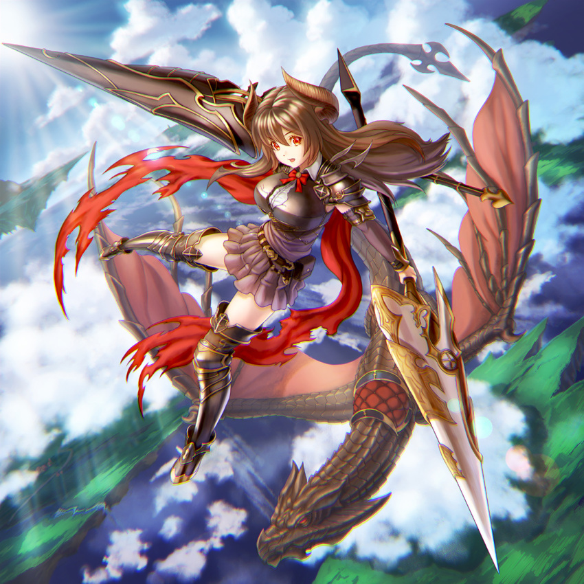 1girl bangs belt black_hair black_legwear black_skirt bow breastplate breasts chromatic_aberration clouds crack doraf dragon dual_wielding eyebrows eyebrows_visible_through_hair floating_island forte_(shingeki_no_bahamut) full_body granblue_fantasy hair_between_eyes highres holding holding_weapon horns lance large_breasts long_hair open_mouth outdoors pleated_skirt polearm red_bow red_eyes saddle shingeki_no_bahamut shirt skirt sky solo thigh-highs torn_clothes weapon white_shirt wolfedge zettai_ryouiki