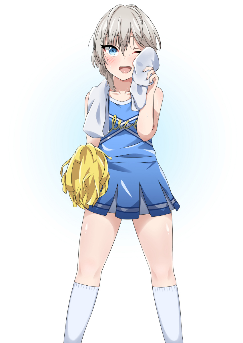 1girl anastasia_(idolmaster) blue_eyes cheerleader highres hot idolmaster idolmaster_cinderella_girls one_eye_closed open_mouth pom_poms short_hair silver_hair skirt smile solo spicy_moo sweat sweating towel wiping_face wiping_sweat