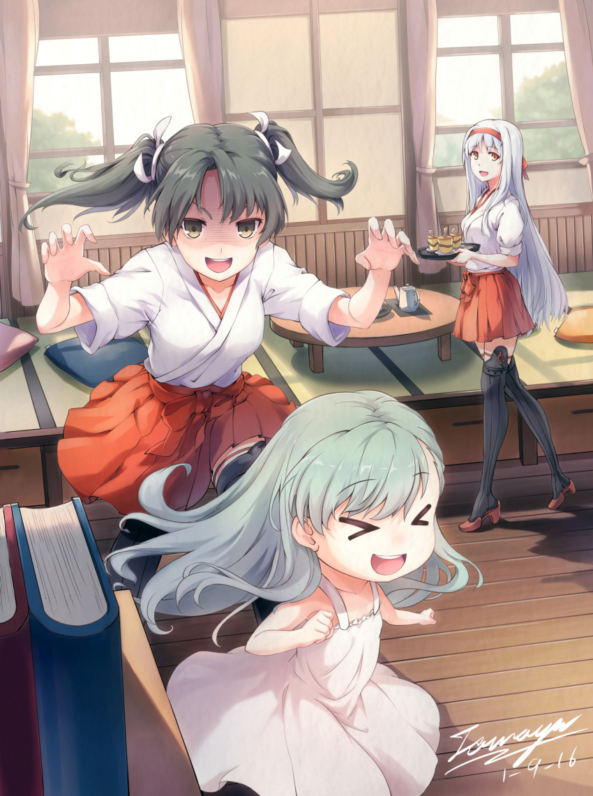 &gt;_&lt; 3girls :d aqua_hair black_boots book boots breasts child closed_eyes collarbone commentary_request dated dress green_hair hair_ornament hair_ribbon hairband hakama_skirt highres holding holding_tray indoors japanese_clothes kantai_collection long_hair multiple_girls open_mouth pillow pink_dress pleated_skirt red_skirt ribbon shaded_face short_sleeves shoukaku_(kantai_collection) skirt sleeveless sleeveless_dress small_breasts smile suzuya_(kantai_collection) table tamashii_yuu tatami teapot teeth thigh-highs thigh_boots tray twintails white_hair white_ribbon window wooden_floor younger zuikaku_(kantai_collection)