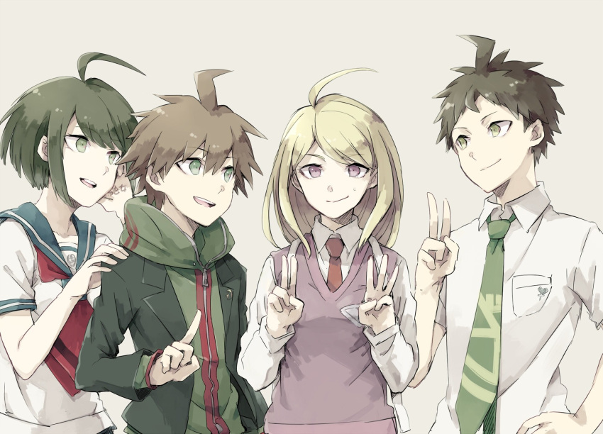 2boys 2girls ahoge akamatsu_kaede asuna_(doruru-mon) blonde_hair brother_and_sister brown_hair dangan_ronpa dangan_ronpa_1 forced_smile green_hair green_necktie highres hinata_hajime hood hoodie jacket multiple_boys multiple_girls naegi_komaru naegi_makoto necktie new_dangan_ronpa_v3 open_clothes open_jacket red_necktie school_uniform serafuku siblings super_dangan_ronpa_2 sweater_vest trait_connection v violet_eyes zettai_zetsubou_shoujo