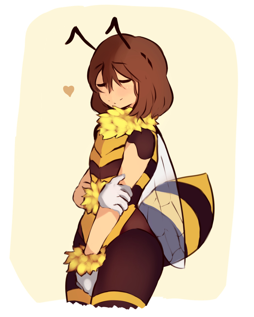 androgynous antennae bee_costume between_legs blush brown_hair caribun closed_eyes fake_antennae frisk_(undertale) fur_collar fur_gloves gloves hand_between_legs hand_on_own_arm heart highres insect_wings leotard simple_background smile solo undertale white_background wings