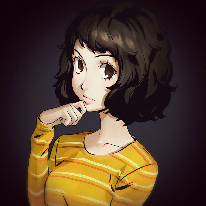 1girl brown_eyes brown_hair closed_mouth collarbone dark_background finger_to_chin ilya_kuvshinov kawakami_sadayo long_sleeves looking_at_viewer persona persona_5 pink_lips portrait sadayo_kawakami short_hair solo striped striped_sweater sweater upper_body