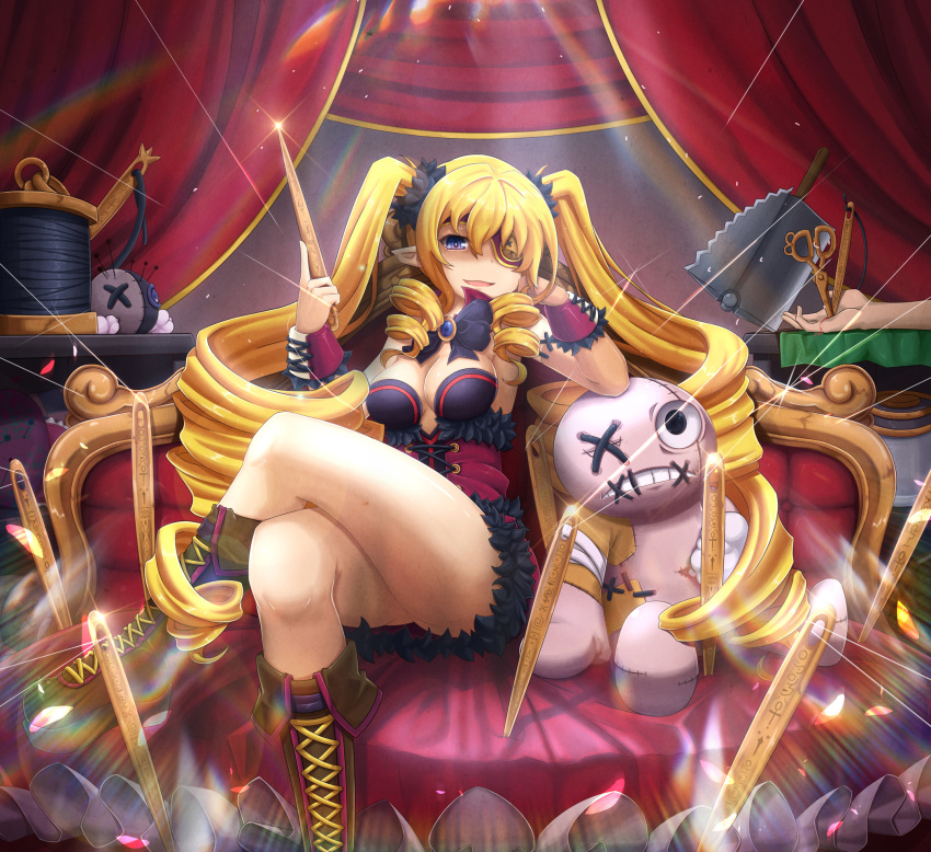 1girl bandaged_arm black_boots blonde_hair blood blue_eyes boots breasts button_eyes cleavage couch cross-laced_footwear crossed_legs curtains drill_hair eyepatch fur_trim glint high-waist_skirt highres long_hair looking_at_viewer medium_breasts needle original pin pointy_ears red_skirt scissors sewing_needle shaded_face sitting skirt smirk sora_(dkssud6580) stitches stuffed_toy stuffing thread twin_drills twintails very_long_hair wrist_cuffs