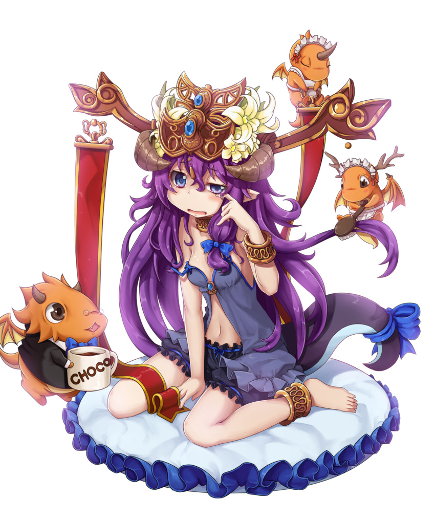 1girl anklet antlers apron armlet barefoot between_legs bloomers blue_bow blue_bowtie blue_eyes blue_ribbon blush bow bowtie breasts brown_eyes closed_eyes collar cup dragon dragon_girl dragon_horns dragon_tail eyebrows eyebrows_visible_through_hair fang flower frilled_pillow frills full_body glasses hair_brush hair_brushing hair_ribbon hand_between_legs head_tilt headdress highres holding horns jewelry lily_(flower) lingerie long_hair looking_at_viewer maid_headdress mug navel negligee open_mouth original pillow pince-nez pointy_ears purple_hair ribbon simple_background single_horn small_breasts sora_(dkssud6580) tail tail_ribbon tears underwear very_long_hair waist_apron white_background wiping_tears