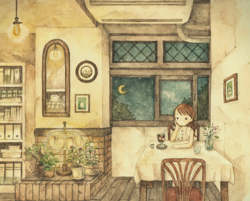1girl arm_support book bookshelf bored brown_hair chair child chyoma crescent_moon cup drink glass graphite_(medium) hand_on_own_cheek indoors lamp light_bulb long_hair moon night original painting_(object) plant potted_plant scenery sitting solo star_(sky) straw table traditional_media watercolor_(medium) window wooden_floor