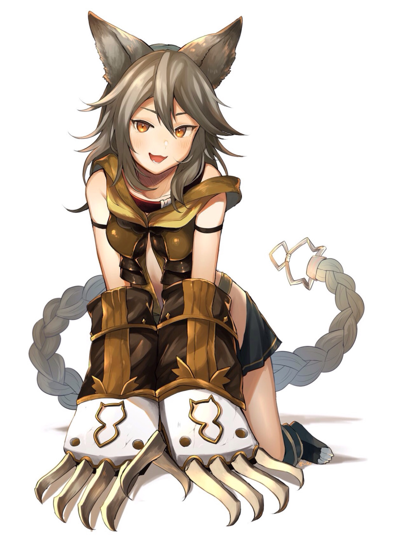 1girl :3 :d all_fours animal_ears armband bangs black_skirt blush breasts cat_ears cat_paws claw_(weapon) collarbone erun_(granblue_fantasy) gloves granblue_fantasy grey_hair hair_between_eyes highres kneeling long_hair looking_at_viewer midriff miniskirt open_mouth orange_eyes paw_gloves paws sen_(granblue_fantasy) shadow shiba_inu_(happy13227) simple_background skirt small_breasts smile solo tsurime weapon white_background