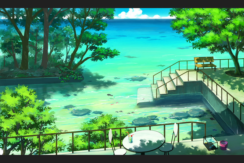 bench bucket chair clouds drink drinking_straw fish fish_tank letterboxed mizuasagi no_humans original outdoors railing scenery shade sky stairs table tree water