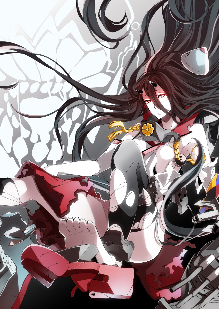 1girl absurdres asymmetrical_legwear battleship_hime black_hair boots glowing glowing_eyes highres horns kantai_collection long_hair looking_at_viewer mokutsugi_minato red_eyes shinkaisei-kan skirt solo source_request thighs toenails toes torn_clothes torn_skirt torn_socks transformation turret yamato_(kantai_collection)