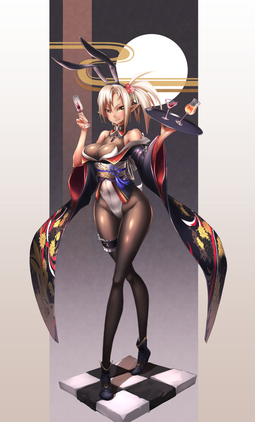 1girl absurdres animal_ears bai_linqin blonde_hair breasts bunny_girl bunny_tail bunnysuit cleavage full_body glass highres large_breasts original pointy_ears rabbit_ears short_hair solo tail tsukimi yellow_eyes