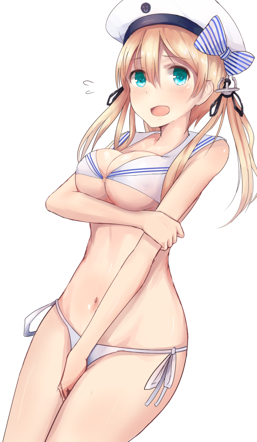 1girl bikini blonde_hair breasts covering covering_crotch embarrassed green_eyes hat highres kantai_collection kinryuu long_hair prinz_eugen_(kantai_collection) sailor_bikini sailor_collar sailor_hat standing swimsuit twintails white_bikini z3_max_schultz_(kantai_collection) z3_max_schultz_(kantai_collection)_(cosplay)