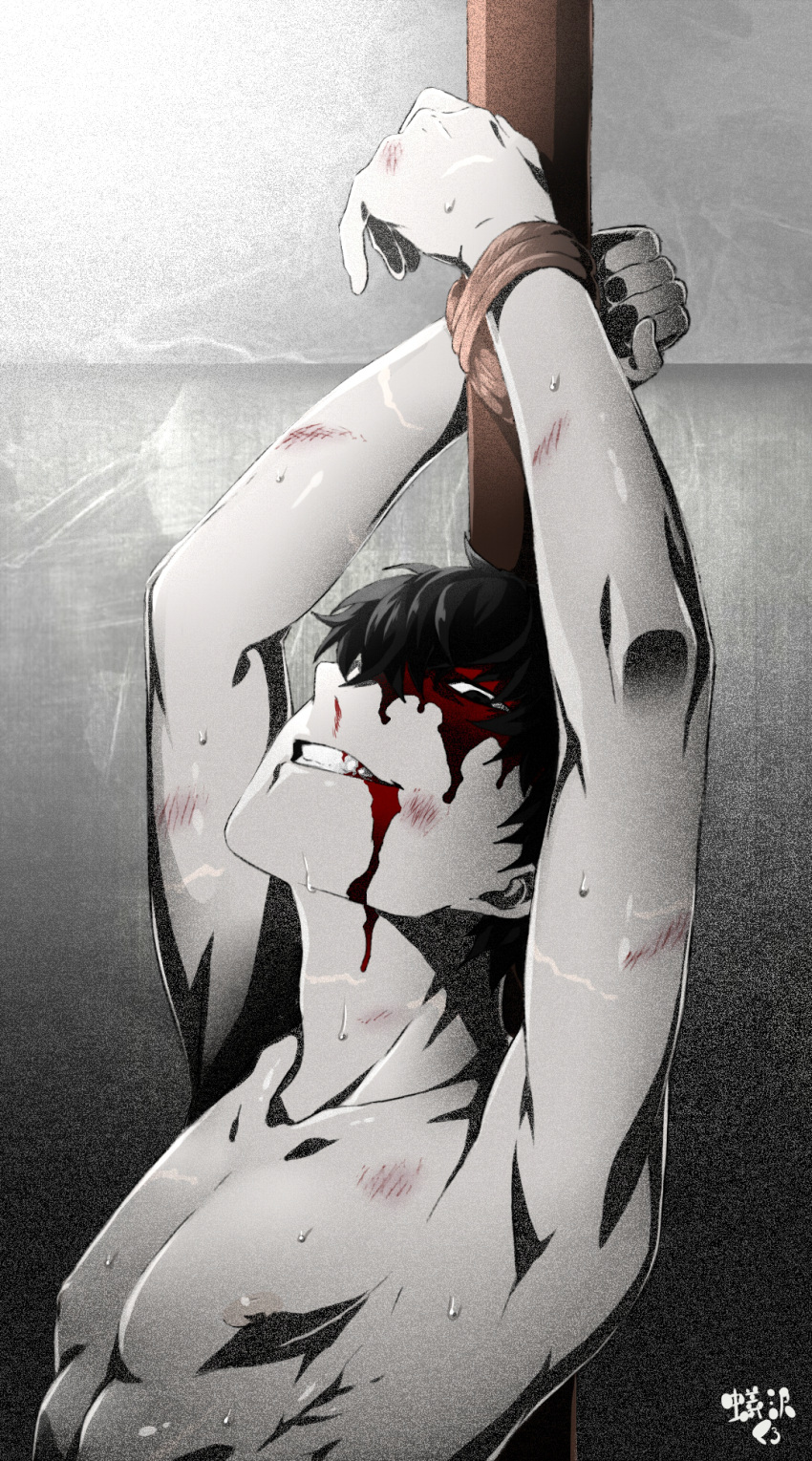 1boy arizuka_(catacombe) armpits arms_up artist_name black_hair blood blood_from_mouth blood_on_face bound bound_wrists grin highres looking_at_viewer male_focus nipples nosebleed original pectorals pole red_mask_(arizuka) rope smile solo sweat upper_body