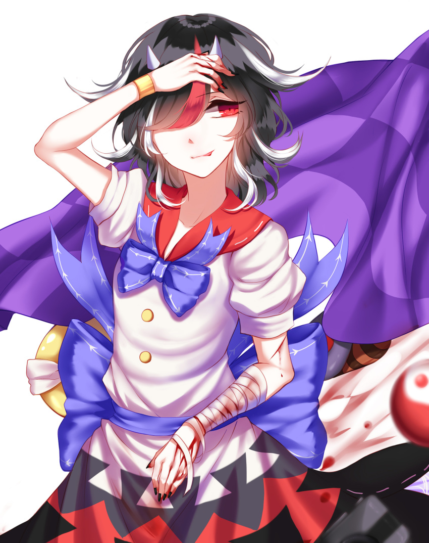 1girl absurdres bandaged_arm black_hair black_nails bleeding blood blue_bow blue_bowtie bow bowtie bracelet dress hair_over_one_eye hand_on_own_head highres horns jewelry kijin_seija multicolored_hair nail_polish nimble_fabric puffy_short_sleeves puffy_sleeves raccoon_tail redhead ribbon-trimmed_collar ribbon_trim sheya short_sleeves smile solo streaked_hair tail tongue tongue_out touhou wavy_hair white_dress white_hair yin_yang yin_yang_orb