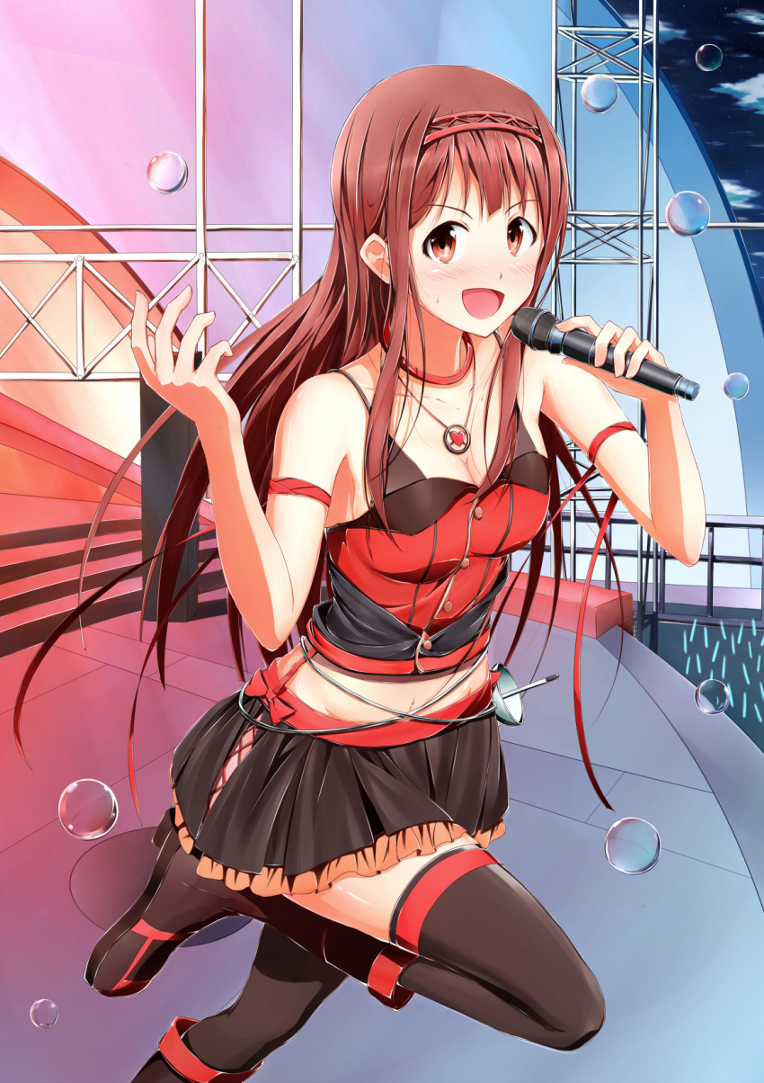 1girl black_legwear black_skirt breasts brown_eyes brown_hair cleavage collar collarbone groin hairband highres holding_microphone idolmaster jewelry kouki371 long_hair medium_breasts microphone midriff navel necklace necktie open_mouth red_hairband skirt solo tanaka_kotoha thigh-highs