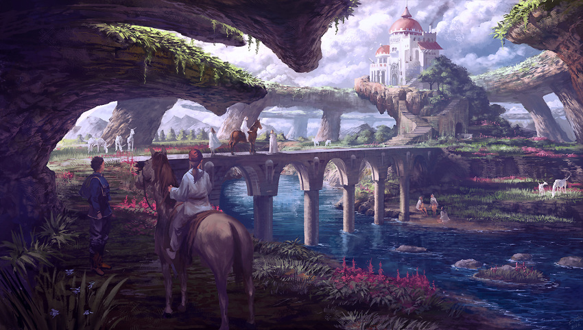 bird bride brown_hair building clouds equestrian flower flying forest horse long_hair mountain nature noba ponytail river sitting sky standing tree