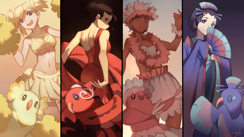 4girls artist_name back bare_shoulders bianyuanqishi bird black_hair blonde_hair breasts brown_eyes brown_hair center_opening cleavage dancing dark_skin fan flower hair_bun hat highres japanese_clothes jewelry long_hair midriff moemon multiple_girls navel necklace open_mouth oricorio personification pokemon pokemon_(game) pokemon_sm pom_poms skirt teeth twintails