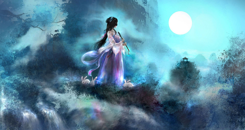 00 1girl black_hair blurry branch chinese_clothes dark flute fog full_moon highres holding instrument long_hair looking_afar looking_away moon mountain night original rabbit sky solo tree