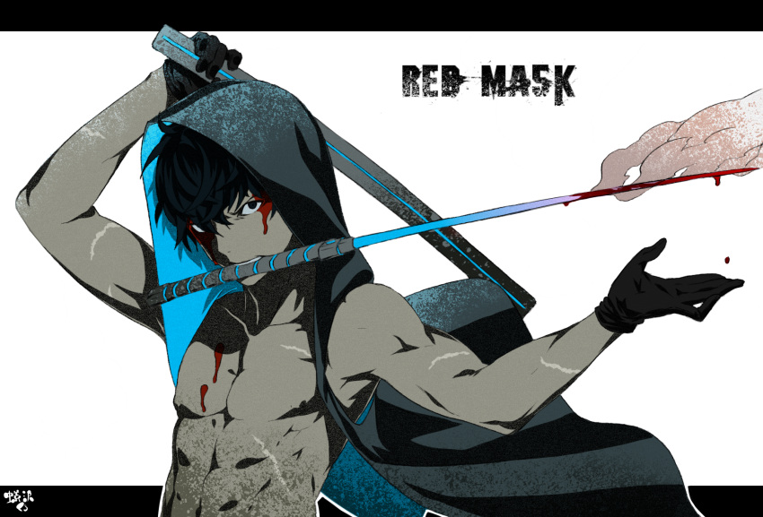 1boy abs arizuka_(catacombe) artist_name bare_shoulders black_gloves black_hair blood blood_on_face bloody_weapon character_name fighting_stance gloves highres katana letterboxed male_focus mouth_hold muscle original red_mask_(arizuka) scar shirtless sleeveless sleeveless_hoodie solo steam sword unsheathed weapon