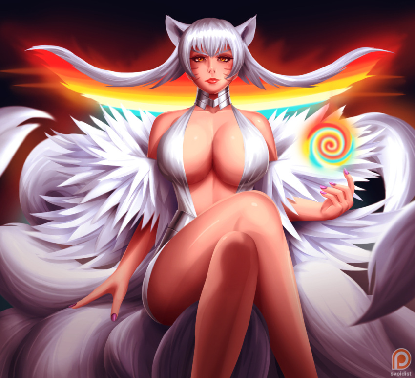1girl ahri animal_ears breasts center_opening cleavage crossed_legs dress floating_hair fox_ears fox_tail fusion gorget invisible_chair kill_la_kill kiryuuin_ragyou large_breasts laura_post league_of_legends multicolored_hair multiple_tails nail_polish rainbow_hair seiyuu_connection sitting solo svoidist tail whisker_markings white_dress