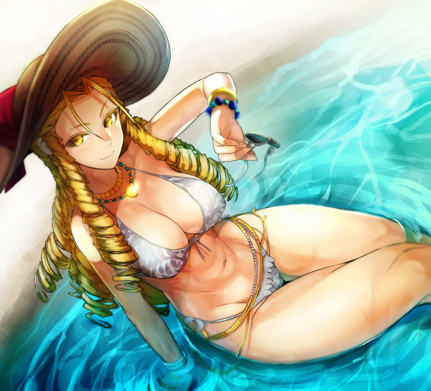 1girl alternate_costume belly_chain bikini blonde_hair bracelet breasts cleavage drill_hair from_above garakuta hat highres jewelry kanzuki_karin looking_at_viewer navel necklace partially_submerged solo stomach street_fighter street_fighter_v sun_hat swimsuit water