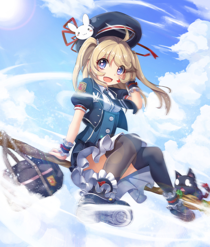 0_0 1girl :3 :d ahoge bag beret black_legwear black_necktie black_skirt blonde_hair blue_eyes blue_hat blush blush_stickers broom broom_riding cat center_frills clouds collared_shirt eyebrows eyebrows_visible_through_hair facial_mark frills hat heart heart-shaped_pupils highres long_hair looking_at_viewer necktie open_mouth original outdoors over-kneehighs pleated_skirt puffy_short_sleeves puffy_sleeves school_bag school_uniform shirt short_sleeves shorts sidesaddle skirt sky smile solo sora_(dkssud6580) star sun symbol-shaped_pupils thigh-highs triangle_mouth twintails white_shirt wing_collar