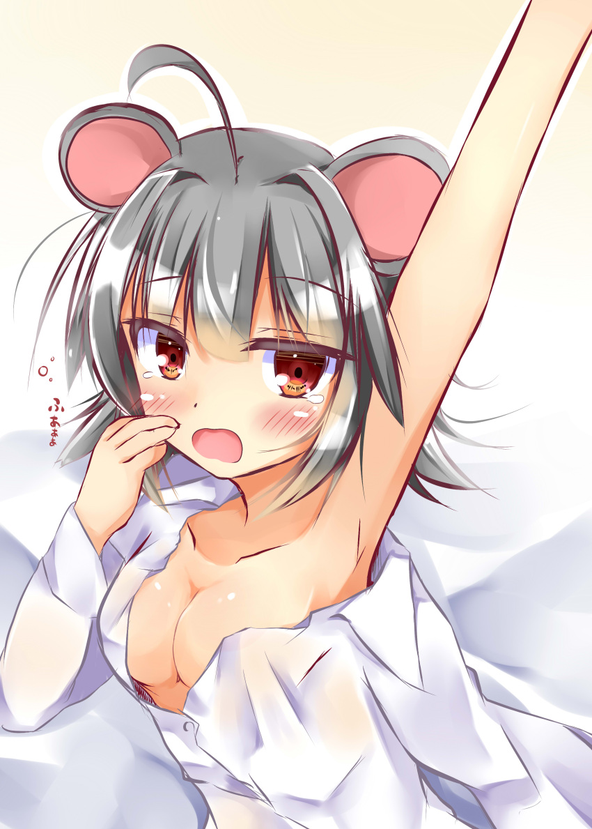 1girl absurdres ahoge animal_ears arm_up blush grey_hair highres kuzumomo mouse_ears naked_shirt nazrin open_mouth red_eyes shirt solo tears touhou yawning