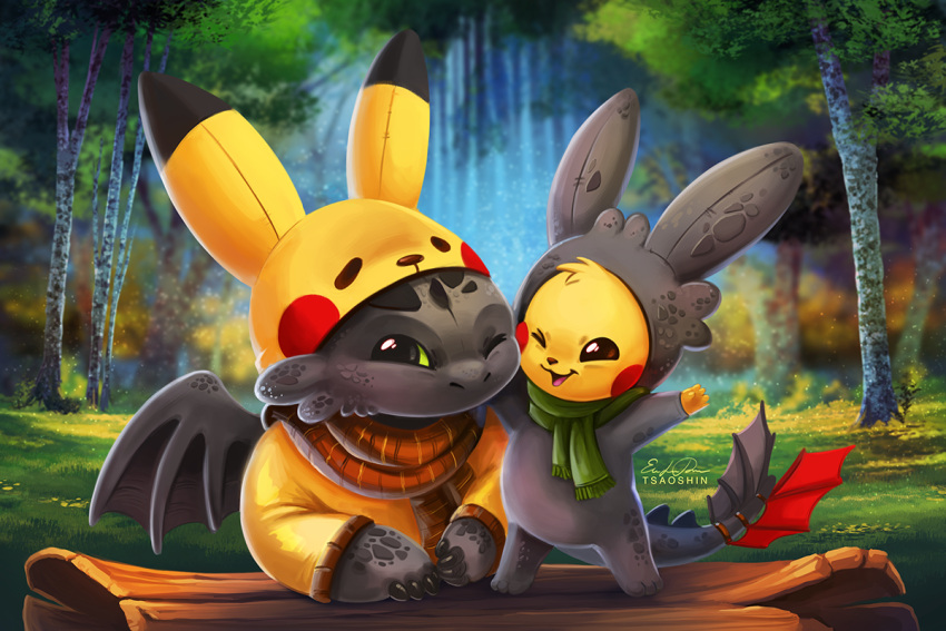 cheek-to-cheek crossover dragon eric_proctor forest green_sclera how_to_train_your_dragon nature no_humans one_eye_closed pikachu pikachu_(cosplay) pikachu_costume pokemon pokemon_(creature) scarf signature toothless wings